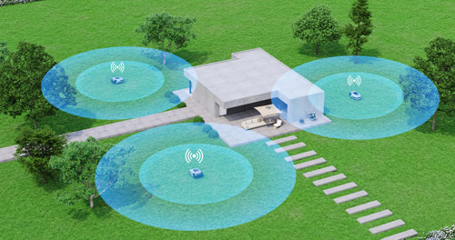 Vista aerea di una casa con giardino. Tre cerchi blu indicano la copertura del segnale Wi-Fi. Un'auto è parcheggiata nel vialetto.