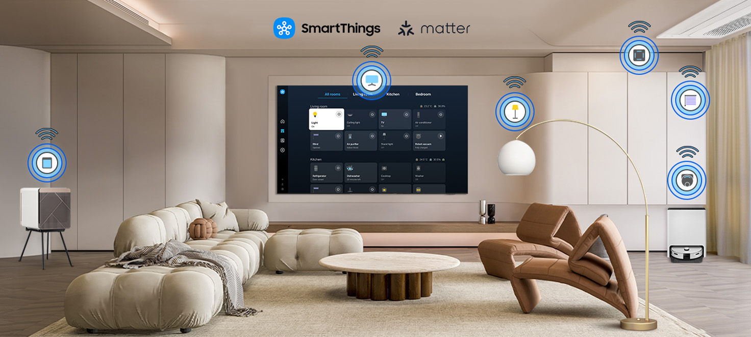 il salotto moderdi unca casa creme/marroncino con al centro lo schermo grande di una TV smart 