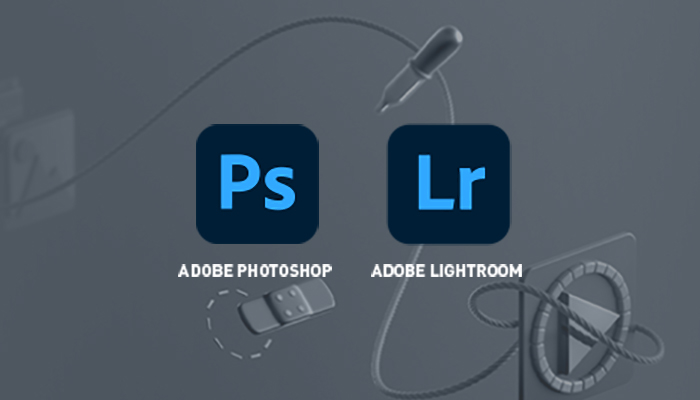 Sullo sfondo grigio, i loghi di Adobe Photoshop con "Ps" e Adobe Lightroom con "Lr" in blu. Un contagocce, una toppa e un'icona di riproduzione.