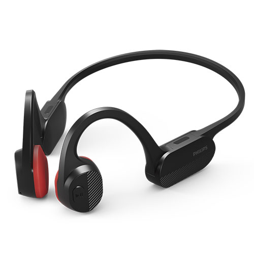 Cuffie nere con dettagli rossi e archetto rigido, su sfondo bianco.