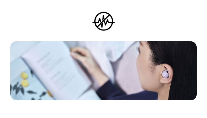 Donna con auricolare legge un libro. Icona di cancellazione del rumore in alto.
