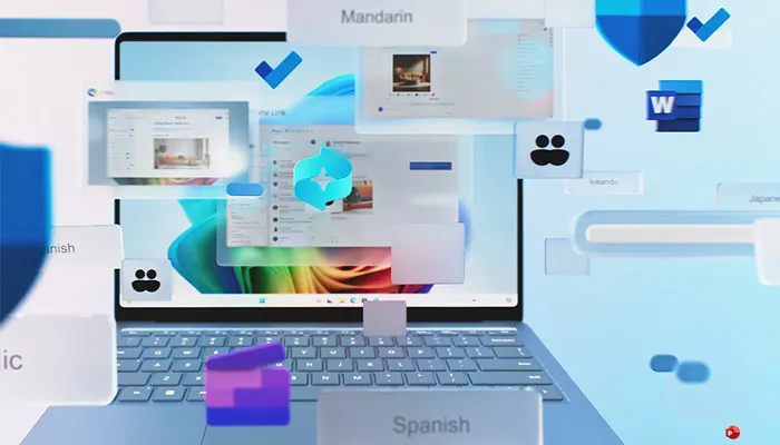 C'è un laptop con varie finestre aperte, icone di app e caselle di testo in un ambiente digitale azzurro.