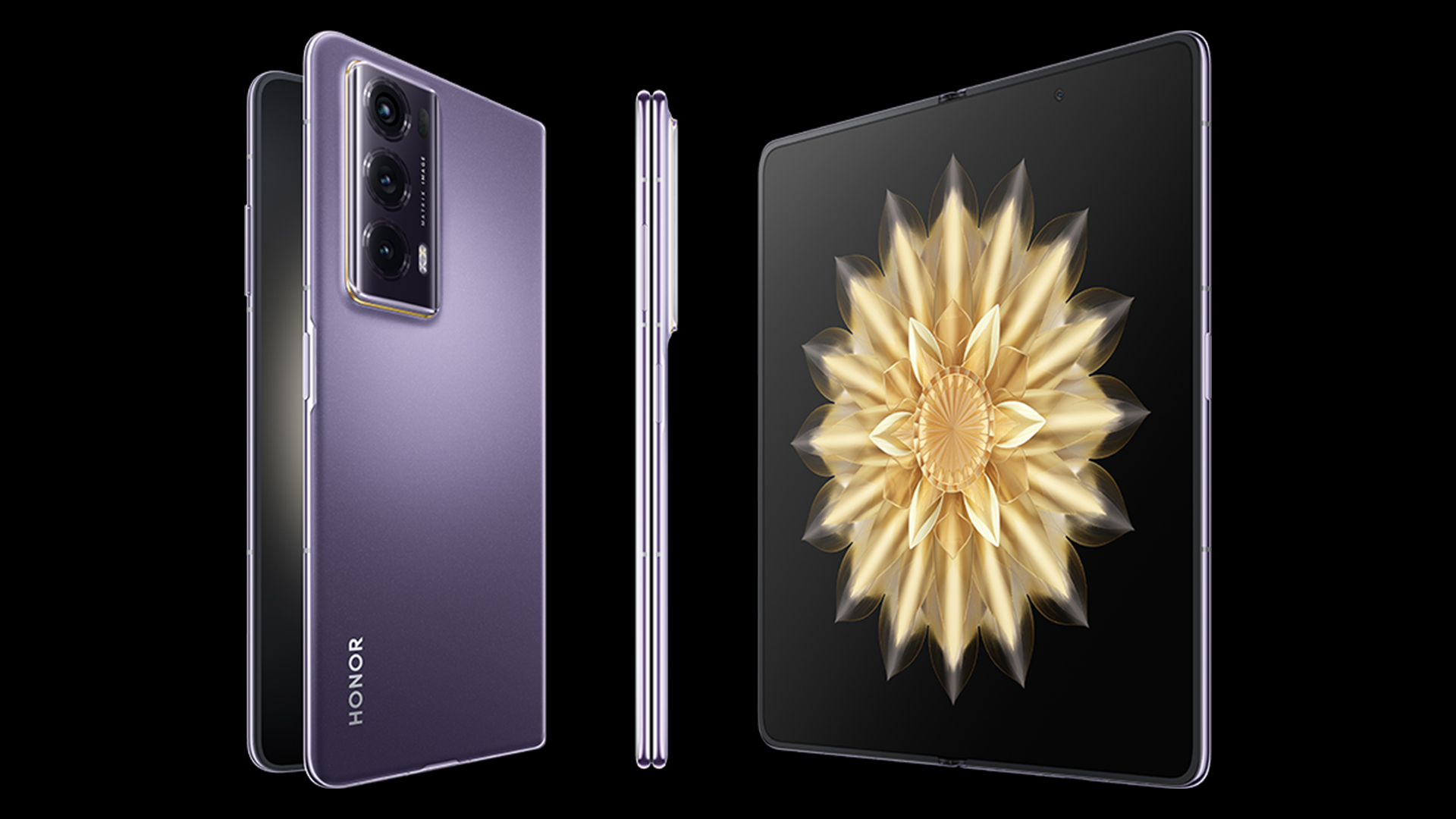 Tre telefoni Honor: uno viola con fotocamere, uno di taglio laterale e uno aperto con sfondo floreale dorato.
