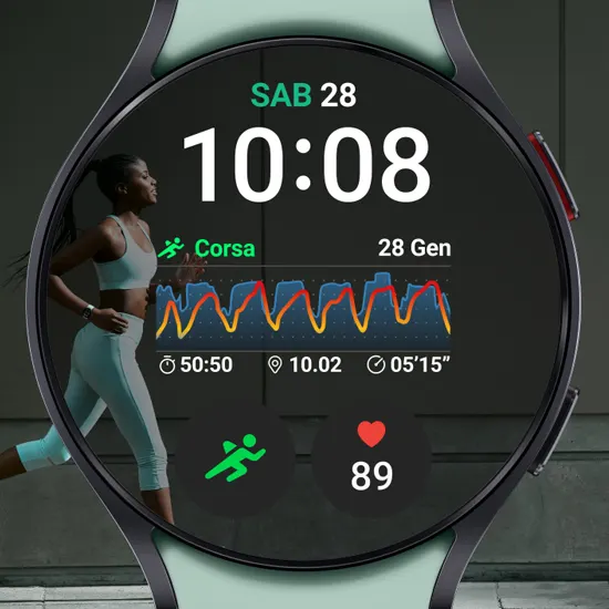 Orologio digitale con donna che corre. Il display mostra l'ora, la data, un grafico e dati sull'attivit� fisica.