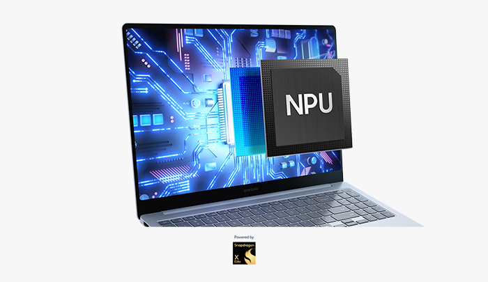 Un laptop mostra un chip NPU su uno schermo con un motivo di circuito blu e una tastiera grigia.