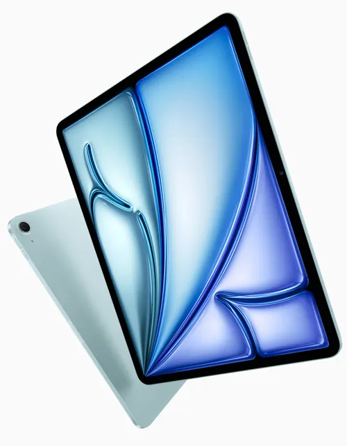 Tablet digitale con schermo illuminato in blu e azzurro su sfondo bianco.