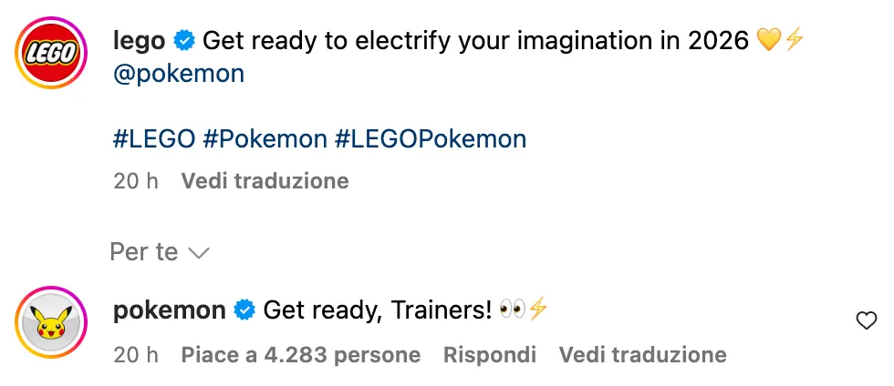 Due post di social media. Uno da LEGO, l'altro da Pokémon, che annunciano una collaborazione imminente.