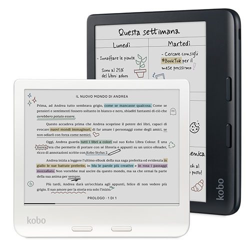 Due e-reader Kobo affiancati mostrano testo digitale e note scritte a mano. Uno � bianco e l'altro � nero.