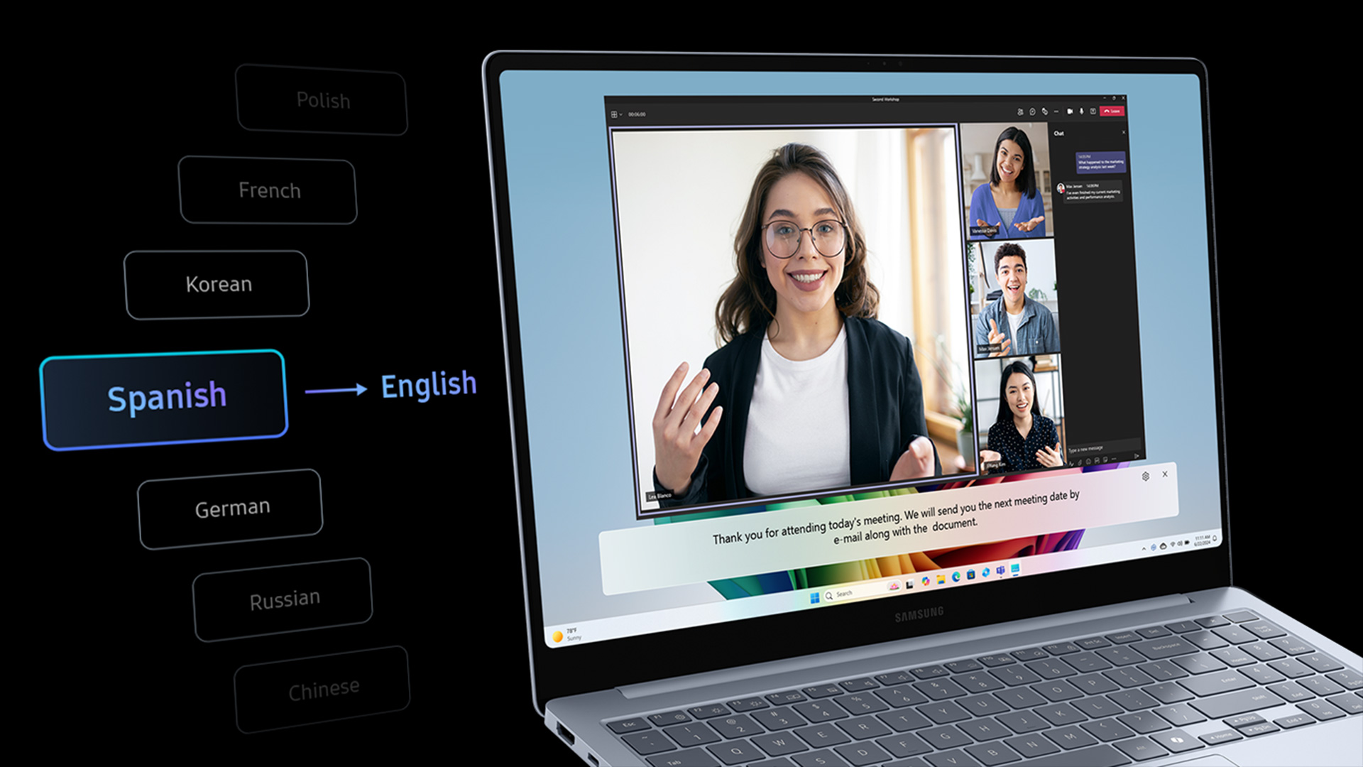 Schermo di laptop che mostra una videoconferenza con sottotitoli e opzioni di traduzione linguistica.