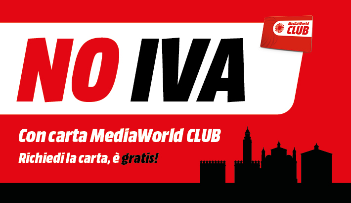 Sfondo rosso e bianco con testo "NO IVA" e "Con carta MediaWorld CLUB". In basso, silhouette nera di edifici.