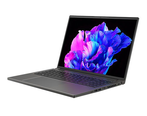 Un laptop aperto mostra uno schermo con un'immagine di un fiore blu e rosa su sfondo nero. La tastiera � visibile.