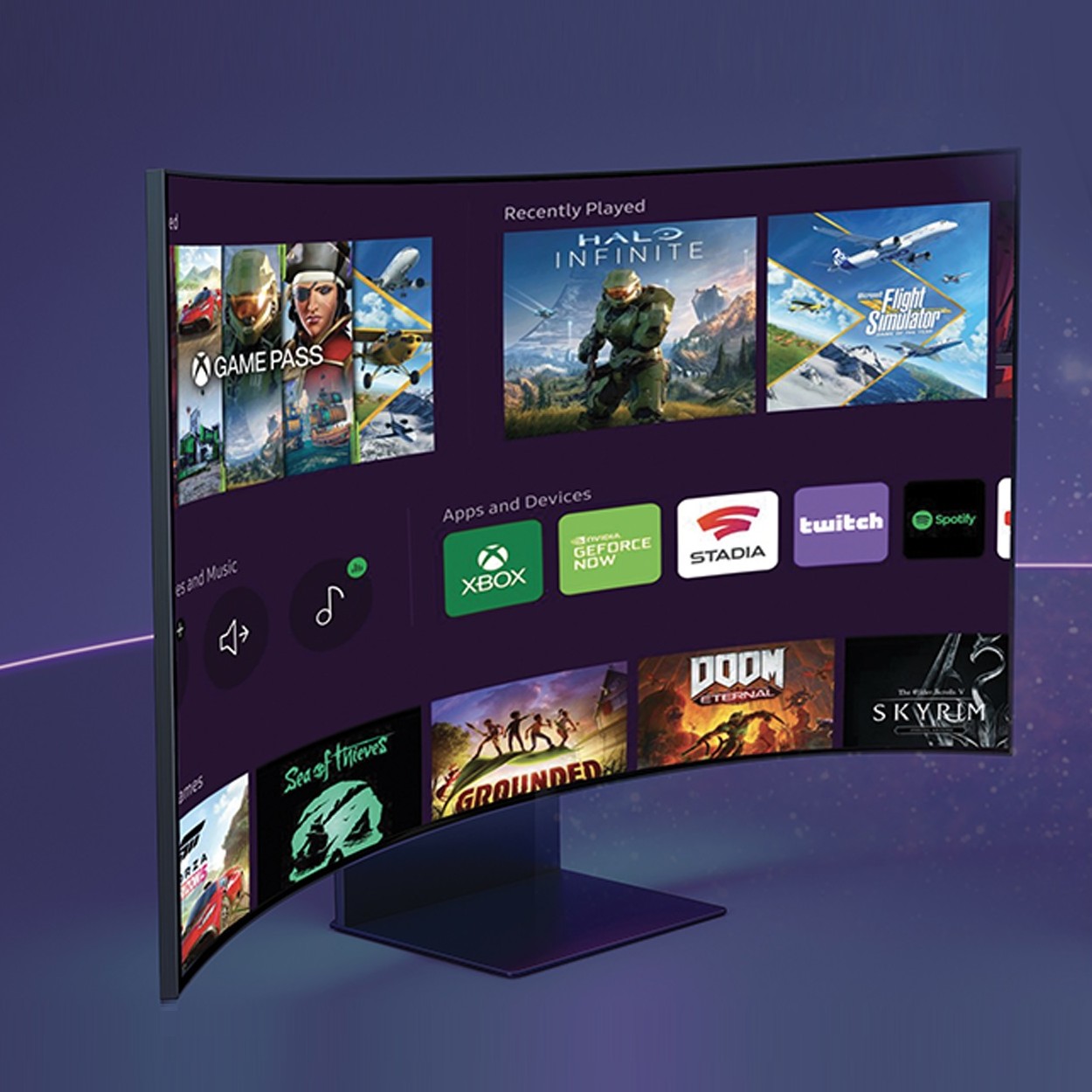 Schermo curvo con menu di giochi e app come Xbox, Spotify e Twitch. Mostra i giochi Halo Infinite e Flight Simulator.