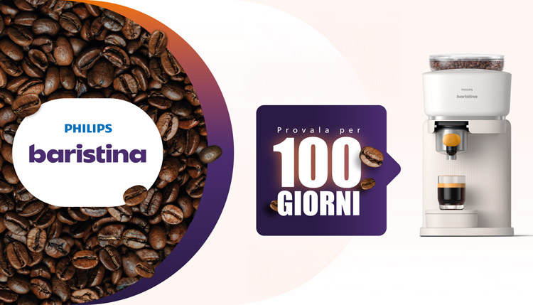 Dei chicchi di caffè con logo philips al centro e una macchina del caffè espresso a destra