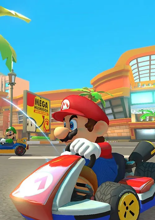 Mario su un kart blu e rosso. Luigi su un kart in lontananza. Cartello "Mega Mushroom" e cielo azzurro.