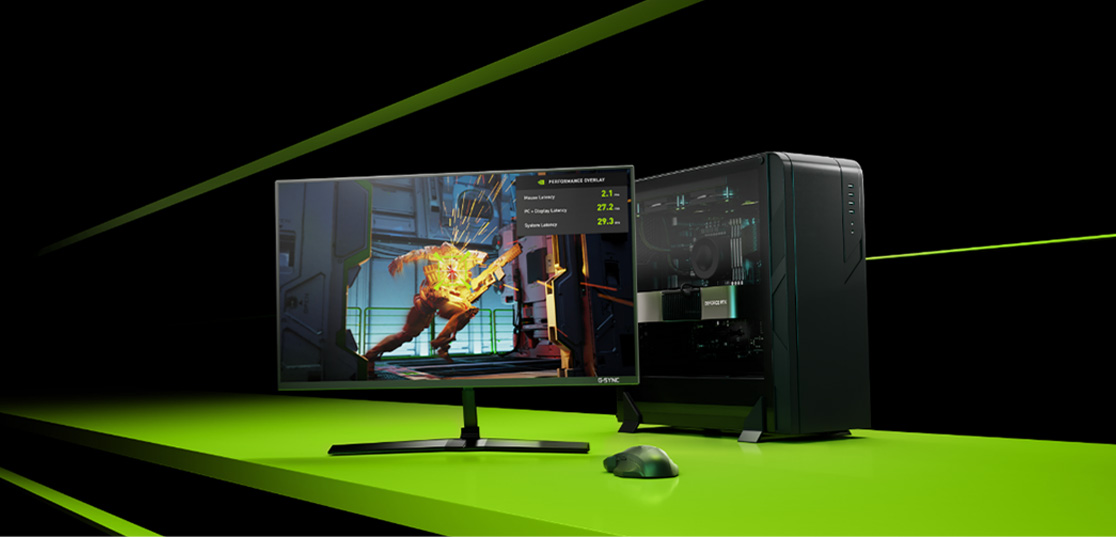 Schermo che mostra un videogioco, accanto a un case di computer nero, su sfondo nero e verde.