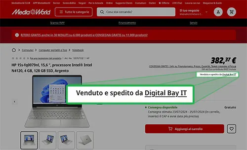 Pagina web di MediaWorld che mostra un laptop HP color argento con schermo acceso. Prezzo: 382,37 €. Bottone rosso "Aggiungi al carrello".