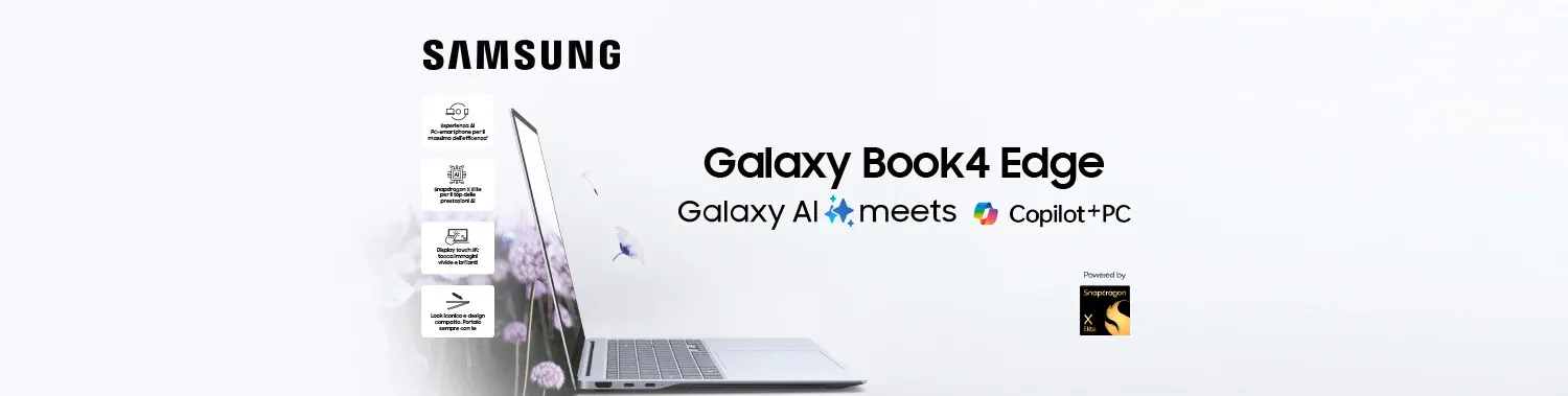 Ecco un'immagine promozionale di Samsung Galaxy Book4 Edge su sfondo bianco con testo e logo Samsung. Sullo schermo del laptop ci sono immagini di fiori.
