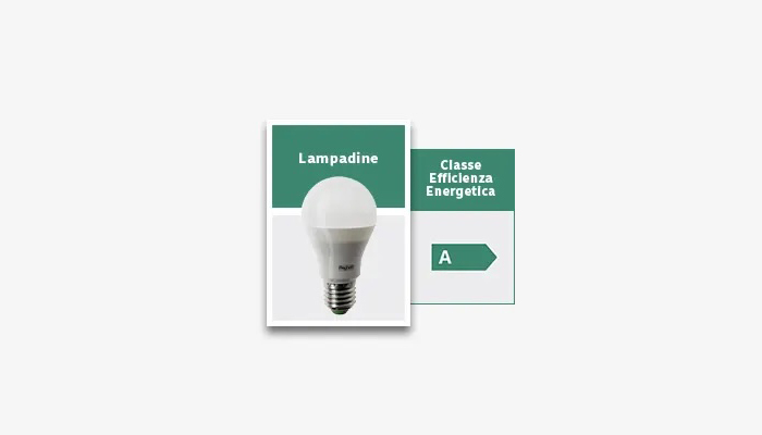 Lampadina LED su sfondo bianco, affiancata da info su classe energetica A e ciclo di vita medio >15000 ore.