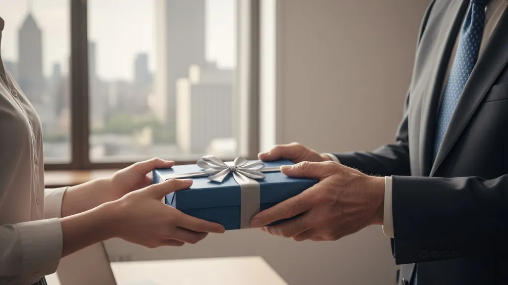 Una persona consegna ultimo regalo per la pensione al suo collega