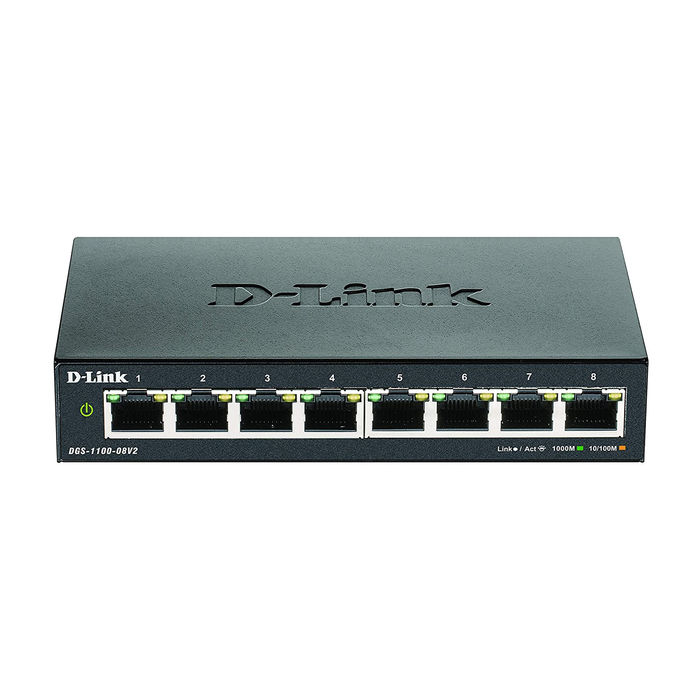 Switch D-Link nero con otto porte Ethernet numerate e indicatori LED. Logo D-Link visibile. Fondo bianco.