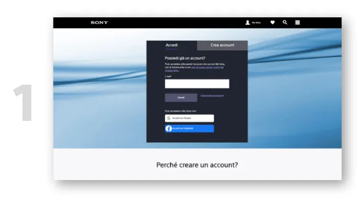 Pagina web Sony con sfondo blu sfumato. In primo piano, finestra di login scura con campi email e pulsanti "Accedi" e "Crea account".