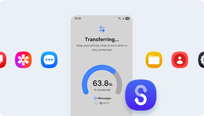 Schermata di trasferimento dati su smartphone con icone colorate. La barra di avanzamento indica il 63,8%. Icona app Smart Switch.