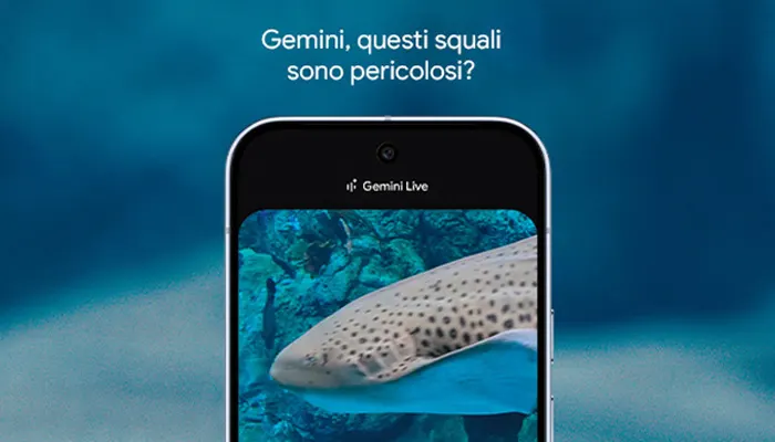 meta' di un telefono che ha l'applicazione Gemini aperta, sfondo in acqua