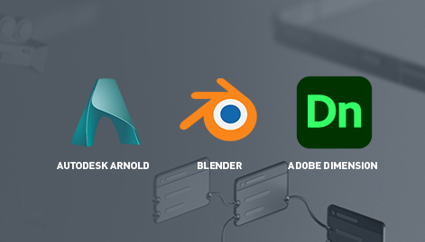 Tre loghi di software: Autodesk Arnold (azzurro), Blender (arancione), Adobe Dimension (verde), su sfondo grigio.