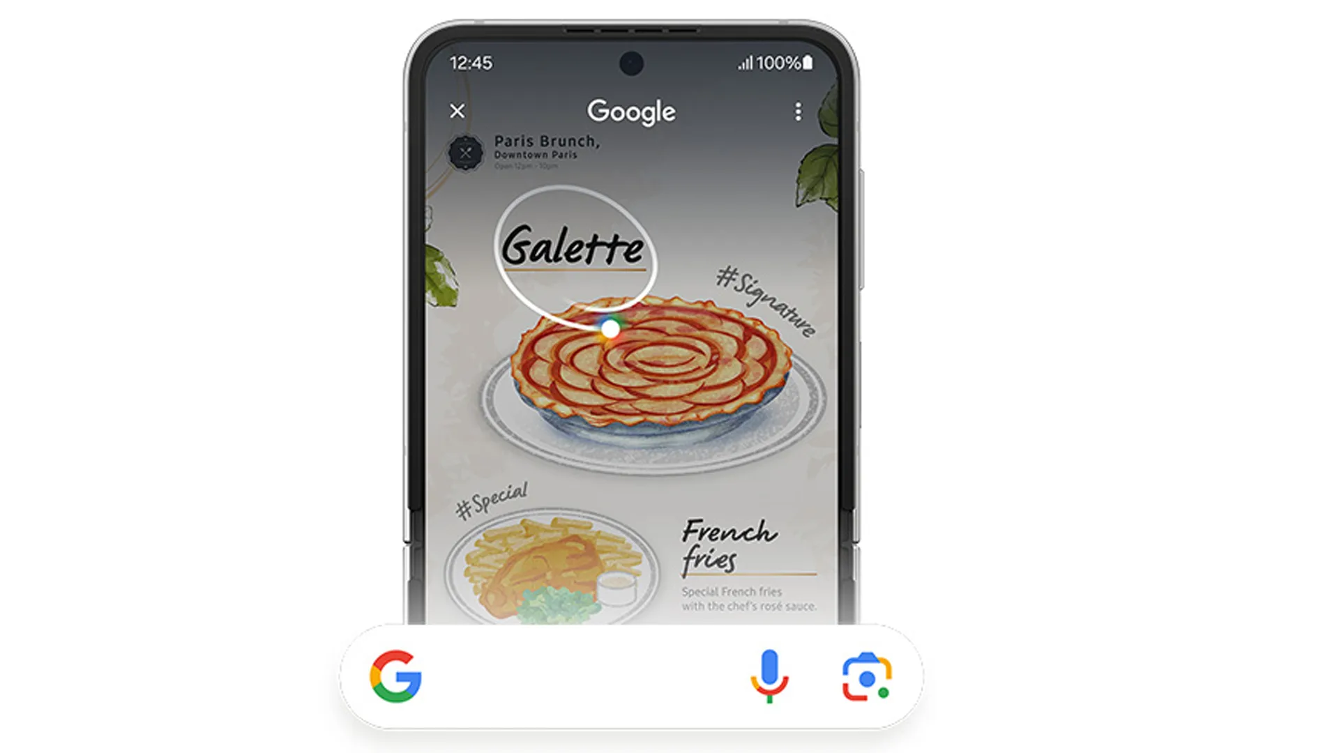 Schermata di cellulare mostra una galette e patatine fritte su Google. Icone di ricerca e fotocamera in basso.