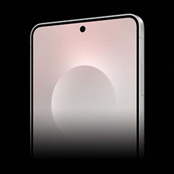 Schermo di smartphone con sfondo sfumato chiaro e foro per fotocamera frontale in alto. Bordo del telefono visibile a destra.