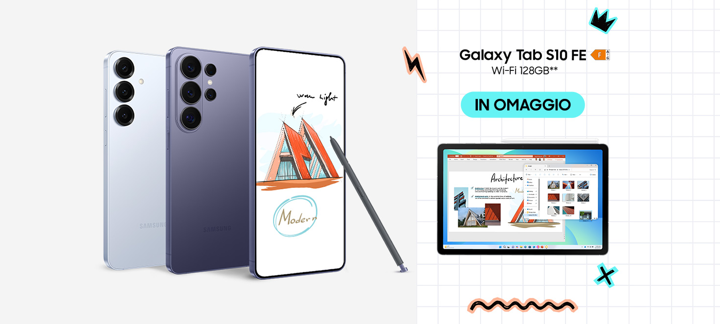 Banner promozionale con tre smartphone Samsung e pennino sulla sinistra, e un tablet Samsung in omaggio (Galaxy Tab S10 FE Wi-Fi 128GB) con la scritta "IN OMAGGIO" sulla destra.