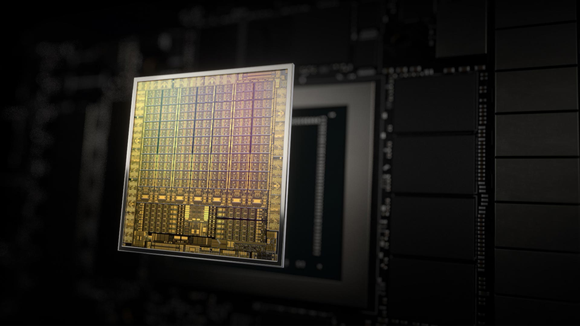 Cip di silicio dettagliato in primo piano, con elementi grigi e dorati. Sullo sfondo, componenti elettronici scuri.