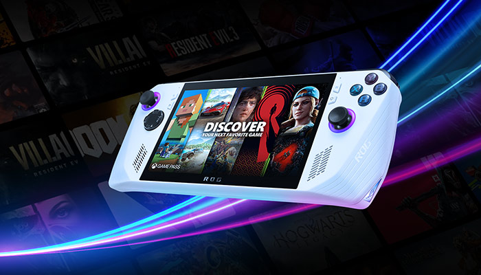 Una console portatile bianca mostra una schermata "Scopri il tuo prossimo gioco preferito" su sfondo scuro con luci blu e viola.