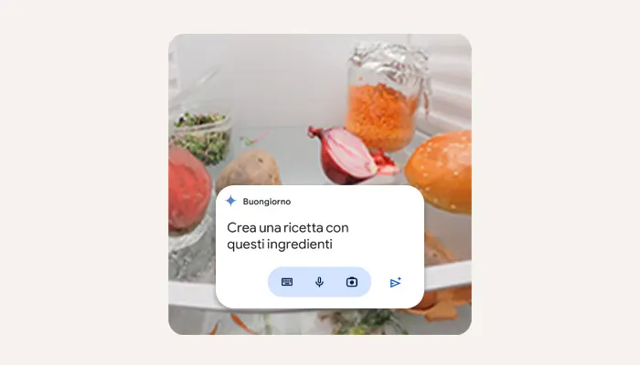Frigorifero con verdure, cipolla rossa tagliata, lenticchie in un barattolo e una notifica con scritto "Crea una ricetta con questi ingredienti".