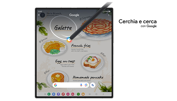 Tablet con menù digitale: galette, patatine, toast con uovo e pancake. Una penna digitale seleziona "Galette" con Google.