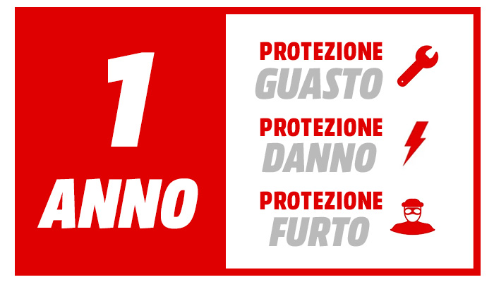 Banner rosso e bianco con la scritta "1 ANNO" e icone di protezione guasto, danno e furto.