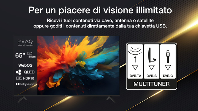 Annuncio TV Peaq QLED 65 pollici con sintonizzatore DVB-T2/S/C. Immagine astratta sullo schermo.