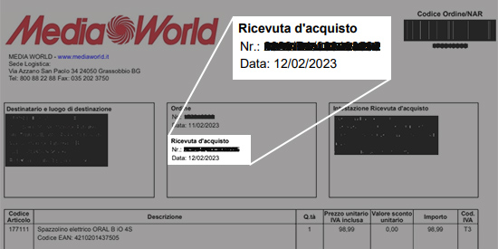 Ricevuta d'acquisto Media World datata 12/02/2023, con dettagli oscurati e informazioni su codice articolo e descrizione prodotto.