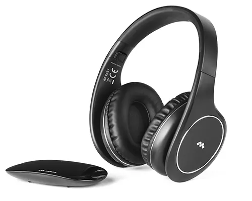 Cuffie nere con cuscinetti auricolari imbottiti e un piccolo mouse nero su una superficie bianca.
