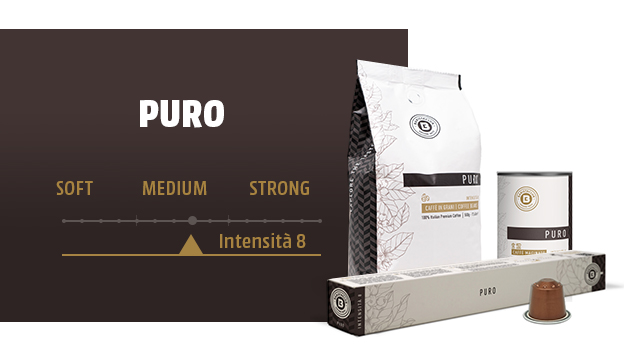 Caff� Puro: confezione, barattolo, scatola di capsule e capsula. Grafica marrone mostra l'intensit� 8 tra "Soft" e "Strong".