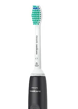 Spazzolino elettrico Philips Sonicare nero con setole blu e verdi, manico bianco e dettagli del marchio visibili.