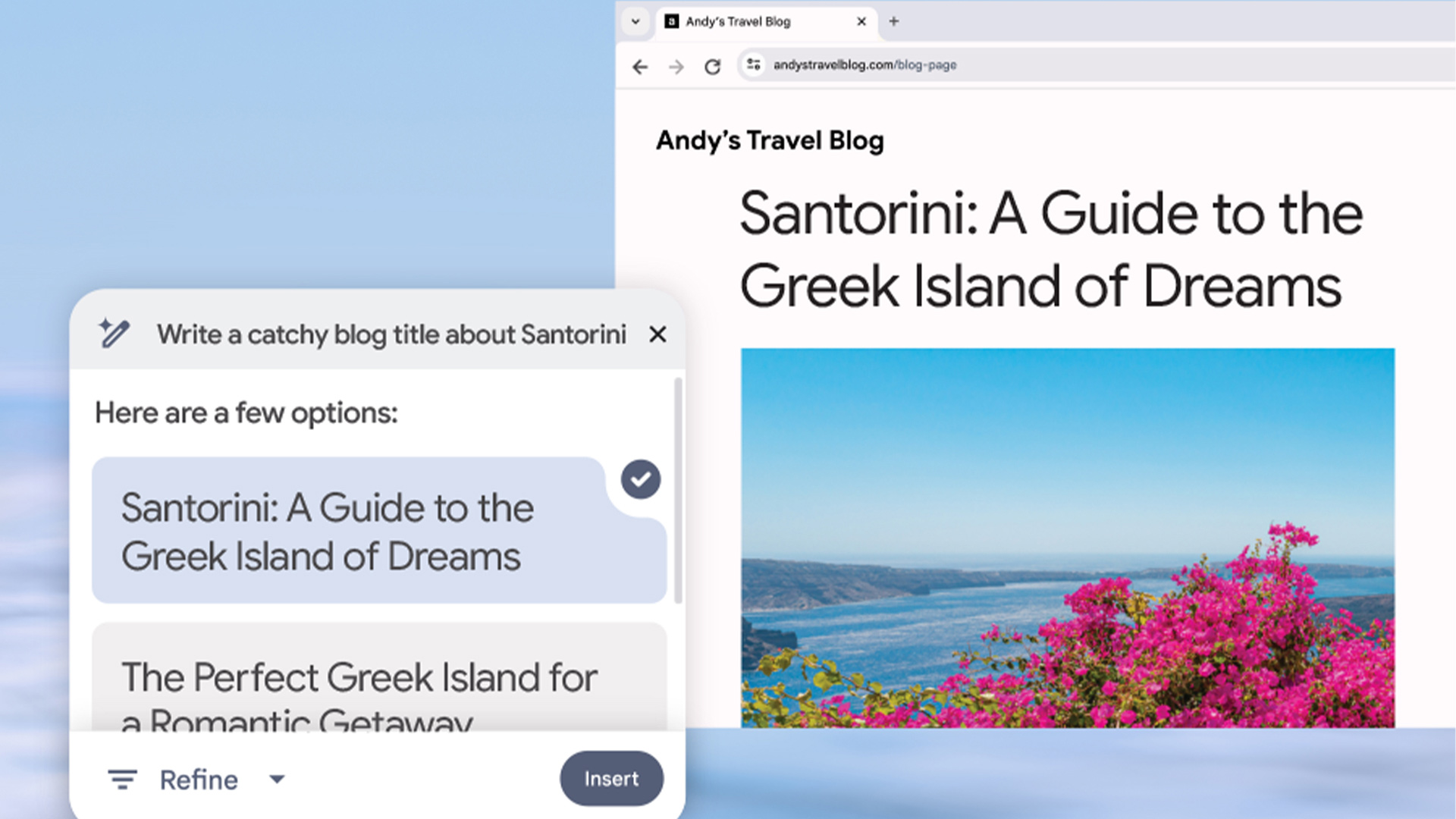 Screenshot di un'interfaccia digitale con un blog di viaggi su Santorini. Un chatbot suggerisce titoli accattivanti per il blog.