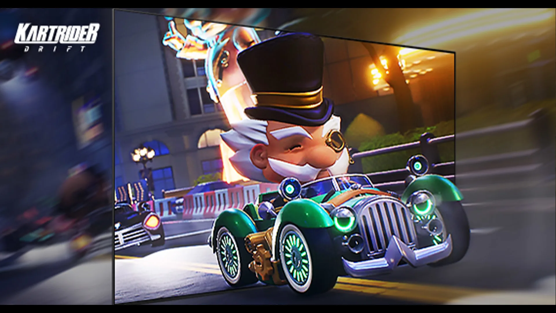 Schermata TV mostra personaggio animato su auto verde in ambiente urbano di Kartrider: Drift. Logo in alto a sinistra.