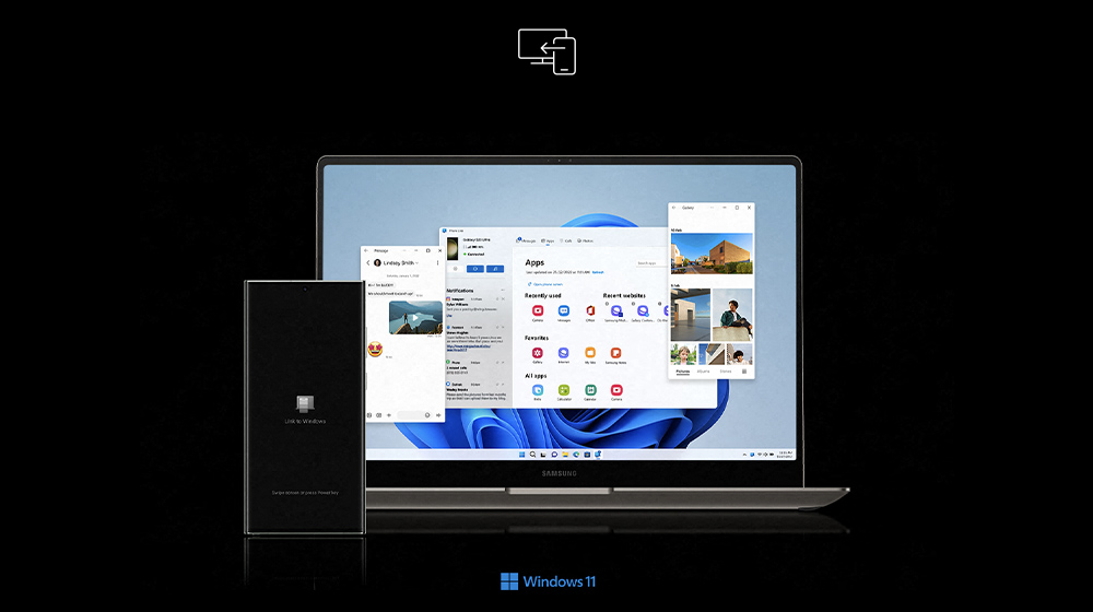 Su sfondo nero, un laptop aperto mostra finestre di app sovrapposte e uno smartphone verticale a sinistra. In alto, un'icona di condivisione.