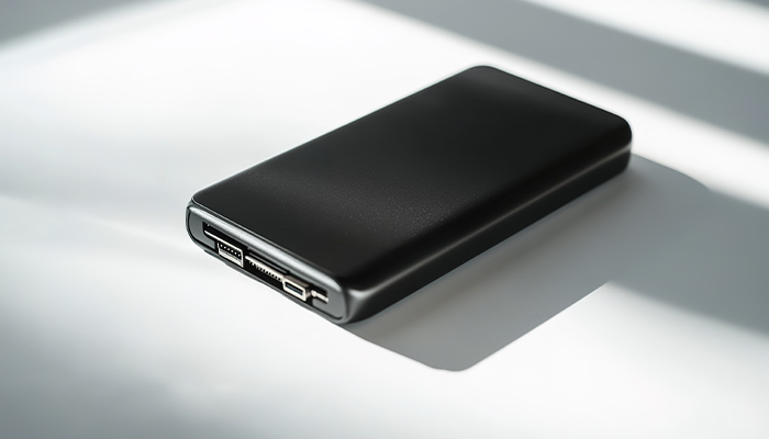 Una power bank nera rettangolare su una superficie bianca con porte visibili.