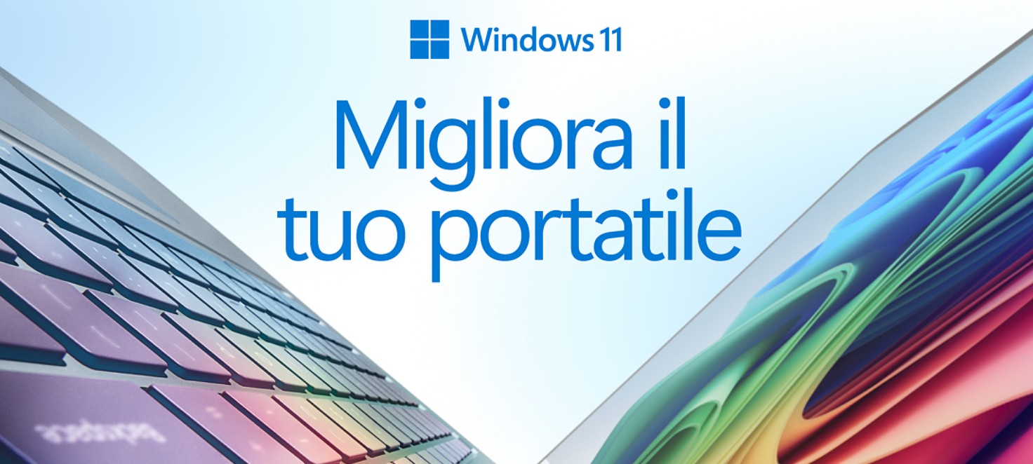 Logo windows e la scritta "Migliora il tuo portatile" e sotto si vedono parte degli schermi di 2 portatili