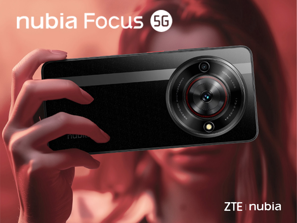 Mano che tiene un telefono nero con una grande fotocamera circolare. Il marchio "nubia Focus 5G" è in alto.
