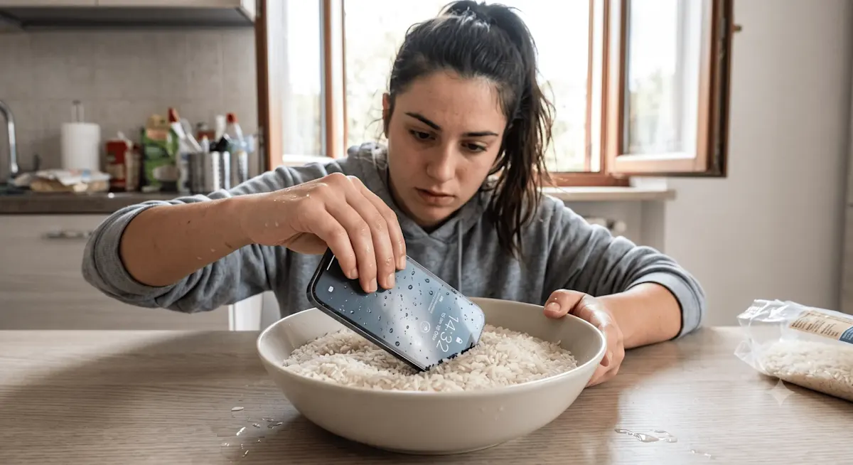 ragazza che mette lo smartphone nel riso