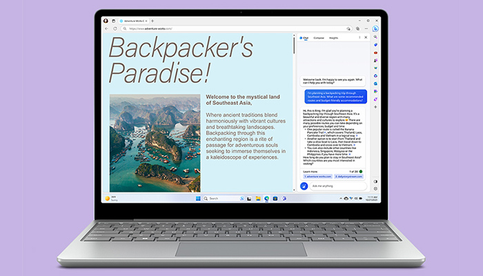 Schermo di laptop che mostra una pagina web con testo e una foto di un paesaggio. Sul lato � presente una finestra di chat.
