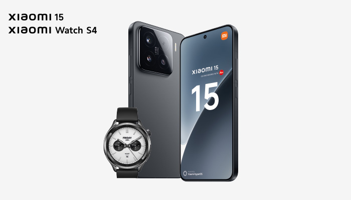 Orologio da polso nero, smartphone grigio con scritta "Xiaomi 15" e fotocamera posteriore su sfondo bianco.